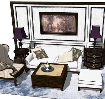 欧式沙发茶几组合 欧式古典单人沙发 灯几，边柜su草图模型下载