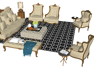 法式 欧式古典雕花沙发茶几组合，单人沙发，床尾凳su草图模型下载