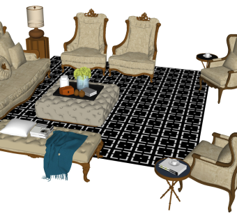 法式 欧式古典雕花沙发茶几组合，单人沙发，床尾凳su草图模型下载