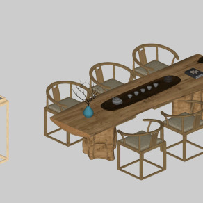 3新中式原木实木大板，木墩茶台，茶桌椅，茶具花架su草图模型下载