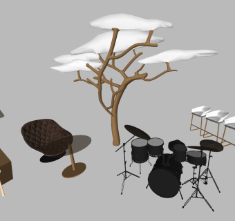 251抽象树造型，架子鼓，吧椅落地灯休闲椅子su草图模型下载