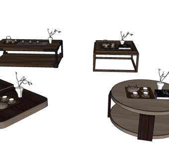 04新中式茶几摆件组合 方形茶几 圆形茶几 长条形茶几 茶具 摆件组合 花卉su草图模型下载