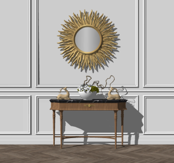 10美式，欧式，边几端景台，玄关摆台玄关柜，圆形装饰镜，镜框su草图模型下载