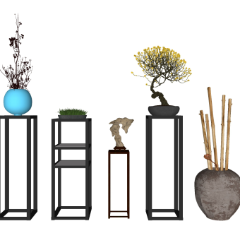 11新中式中式实木角几花几盆栽，摆件 绿植摆台，花架，陶罐竹竿su草图模型下载