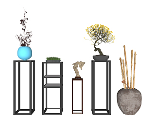 11新中式中式实木角几花几盆栽，摆件 绿植摆台，花架，陶罐竹竿su草图模型下载