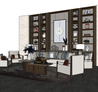 16新中式茶几沙发组合，装饰柜su草图模型下载