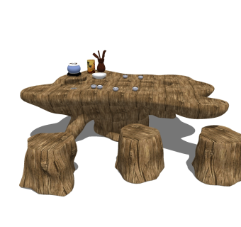 19中式根雕茶桌凳树根凳茶台su草图模型下载