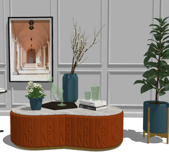 37现代轻奢茶几边几 轻奢边几角几 挂画 落地灯 花瓶 盆栽 轻奢摆件su草图模型下载