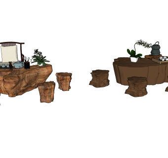 39中式根雕茶台茶桌，茶海，茶台组合 茶碗 茶宠su草图模型下载