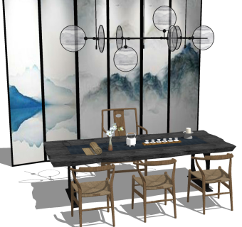 43新中式实木茶桌茶具吊灯屏风隔断su草图模型下载