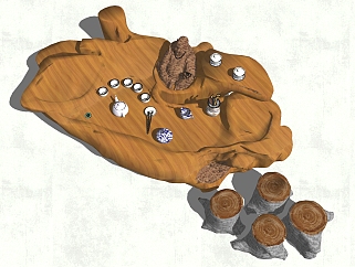 52中式根雕茶台，茶桌，茶海树根圆凳茶具su草图模型下载