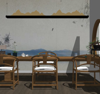 53新中式实木茶桌组合，实木单椅，屏风，山形吊灯，百宝格su草图模型下载