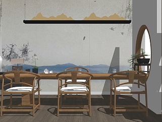 53新中式实木茶桌组合，实木单椅，屏风，山形吊灯，百宝格su草图模型下载