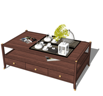 47中式实木茶几组合抽屉茶几茶具陶罐摆件组合su草图模型下载