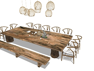 69新中式原木，木板，大板茶桌椅子，实木茶桌，单椅，藤编吊灯su草图模型下载