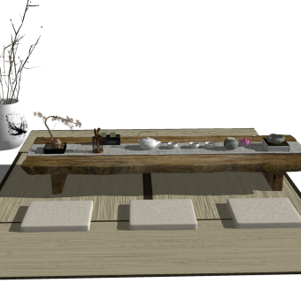 72中式日式禅意茶桌组合，茶台，条桌，茶具炕桌su草图模型下载