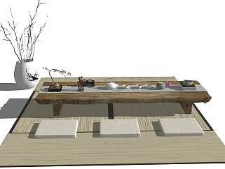 72中式日式禅意茶桌组合，茶台，条桌，茶具炕桌su草图模型下载