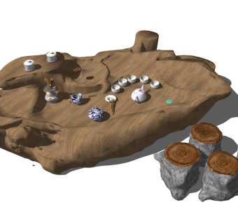 80中式根雕茶台，茶桌，茶海树根圆凳茶具su草图模型下载