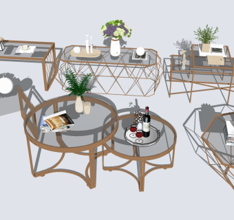 87现代金属茶几组合玻璃茶几圆几方几su草图模型下载