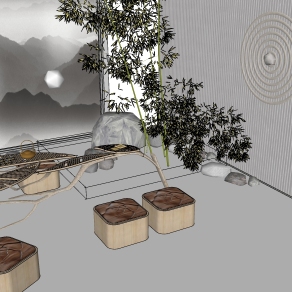 89新中式树叶艺术茶台组合，中式景观 矮凳 肌理墙su草图模型下载