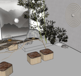 89新中式树叶艺术茶台组合，中式景观 矮凳 肌理墙su草图模型下载