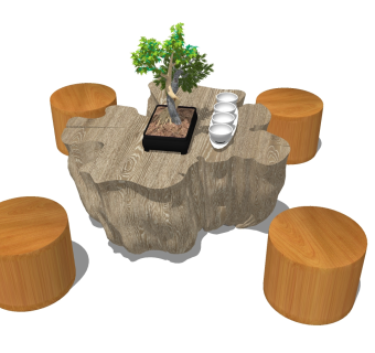97中式根雕茶台，茶桌，茶海树根圆凳茶具su草图模型下载