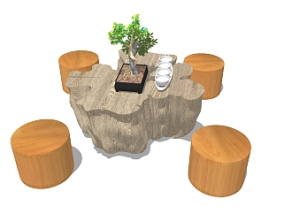 97中式根雕茶台，茶桌，茶海树根圆凳茶具su草图模型...