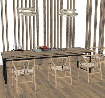 99新中式实木茶桌组合，实木单椅，屏风su草图模型下载