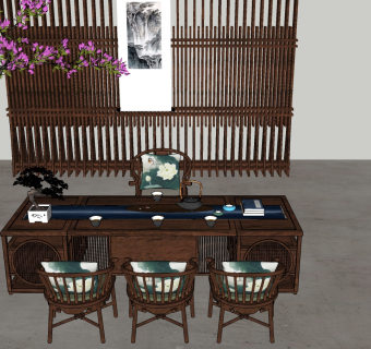 101新中式实木茶桌组合，茶台，实木单椅，屏风隔断su草图模型下载