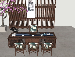 101新中式实木茶桌组合，茶台，实木单椅，屏风隔断su草图模型下载