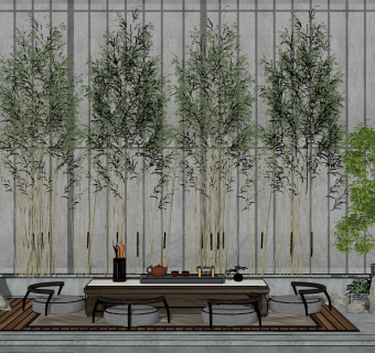 102新中式茶台组合，中式景观 矮凳 绿竹 景观石su草图模型下载