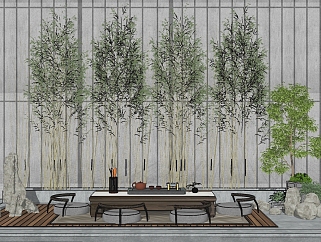 102新中式茶台组合，中式景观 矮凳 绿竹 景观石su草图模型下载