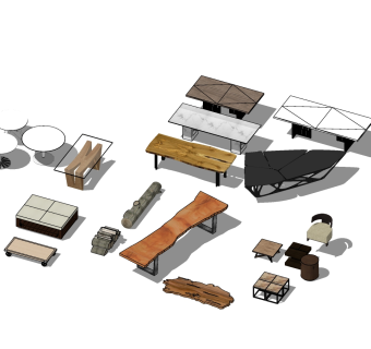 109现代中式实木板茶几 玻璃茶几 木桩 圆几边几 异形茶几su草图模型下载