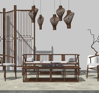 113新中式实木茶几组合，屏风隔断，东南亚吊灯，中式实木沙发，单椅su草图模型下载