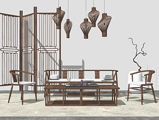 113新中式实木茶几组合，屏风隔断，东南亚吊灯，中式实木沙发，单椅su草图模型下载