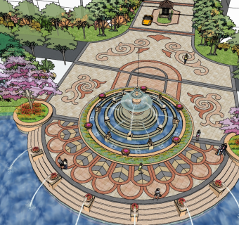 06欧式景观花园，水景喷泉，花池， 岗亭树 (1)su草图模型下载