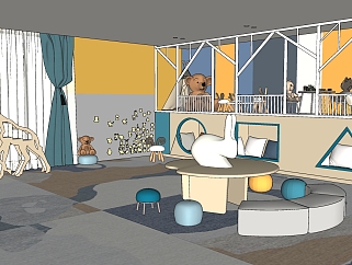 10现代儿童游乐区，弧形沙发组合 凳子长颈鹿 沙发凳 摆件 枕头 玩具su草图模型下载