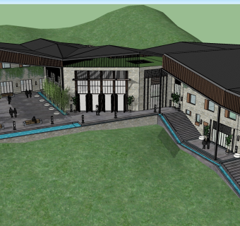 20山地中式风格多层商业酒店建筑，民宿，康旅酒店，养老院，售楼处su草图模型下载