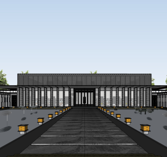 69新中式示范区售楼处，售楼处入口大门，高档住宅售楼中心，中式会所，中式庭院景观，隔断雕花su草图模型下载