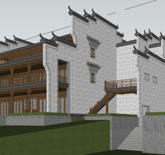 48徽派中式会所，中式建筑，酒店民宿，马头墙 ，中式院子 (1)su草图模型下载