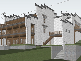 48徽派中式会所，中式建筑，酒店民宿，马头墙 ，中式院子 (1)su草图模型下载