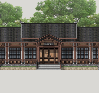 57中式风格木制建筑，中式庭院，民居民宿，门头树民房 (1)su草图模型下载