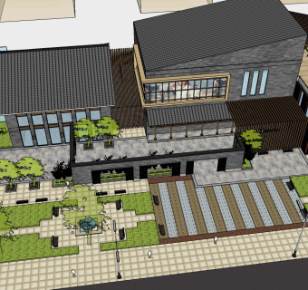 84新中式商业街临街建筑，商业街区，商业广场景观喷泉，景观街区购物广场su草图模型下载