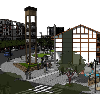 90现代新中式商业街区，商业购物广场入口，景观喷泉，牌坊，民宿酒店，度假小镇su草图模型下载