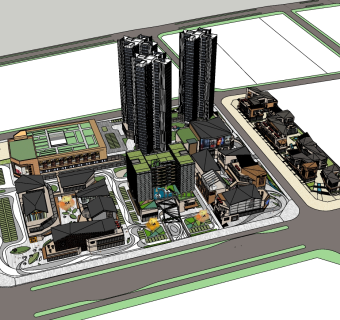 91商业综合体 新中式商业街区 山地商业处理，酒店酒吧，高档写字楼，购物娱乐中心su草图模型下载