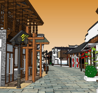 103中式古建，中式阁楼戏台，中式商业沿街建筑，中式庭院，特色商业街区小镇，旅游景区su草图模型下载