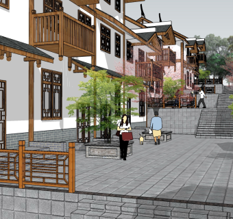 115恩施吊脚楼商业街区，特色商业购物广场，新中式沿街建筑su草图模型下载