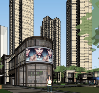 119高档住宅小区景观规划，商业街区，临街商铺，商业广场喷泉su草图模型下载