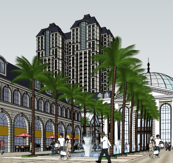 130金田花园 法式高层，商业综合体，法式建筑商业街区，会所，商业广场喷泉，椰子树su草图模型下载