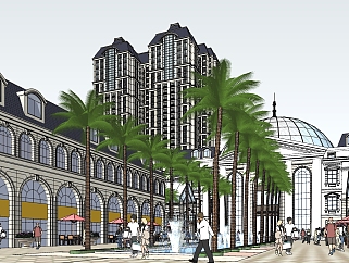 130金田花园 法式高层，商业综合体，法式建筑商业街区，会所，商业广场喷泉，椰子树su草图模型下载
